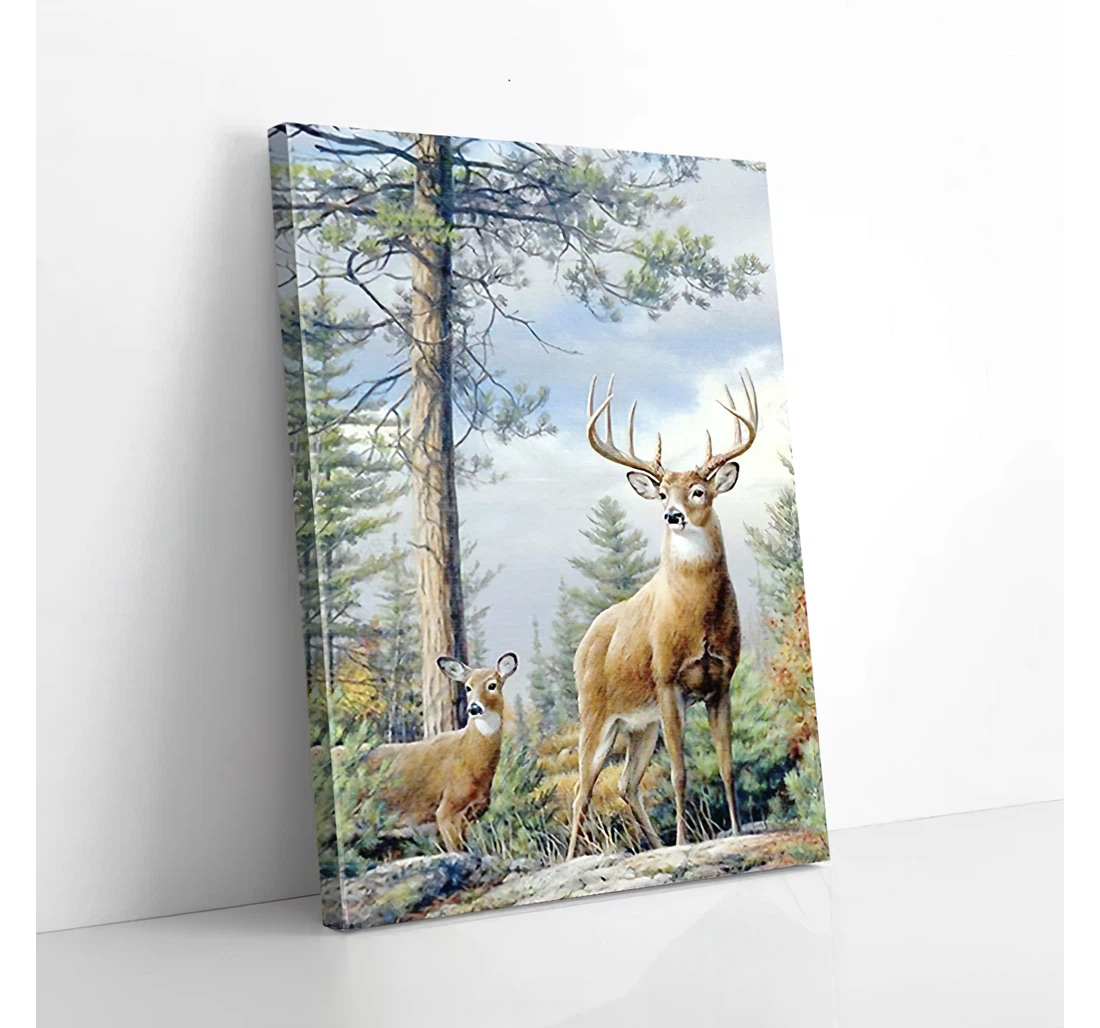 Poster, Canvas - Deer In Forest Gifts Print Framed Wall Art