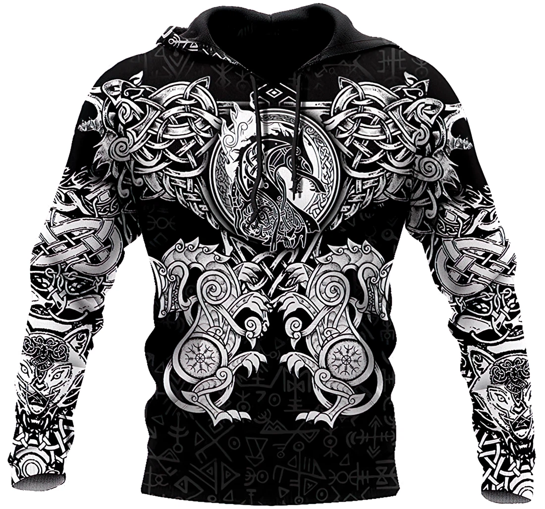 Personalized Wolf And Dragon Viking Tattoo Man And Woman - 3D Printed Pullover Hoodie