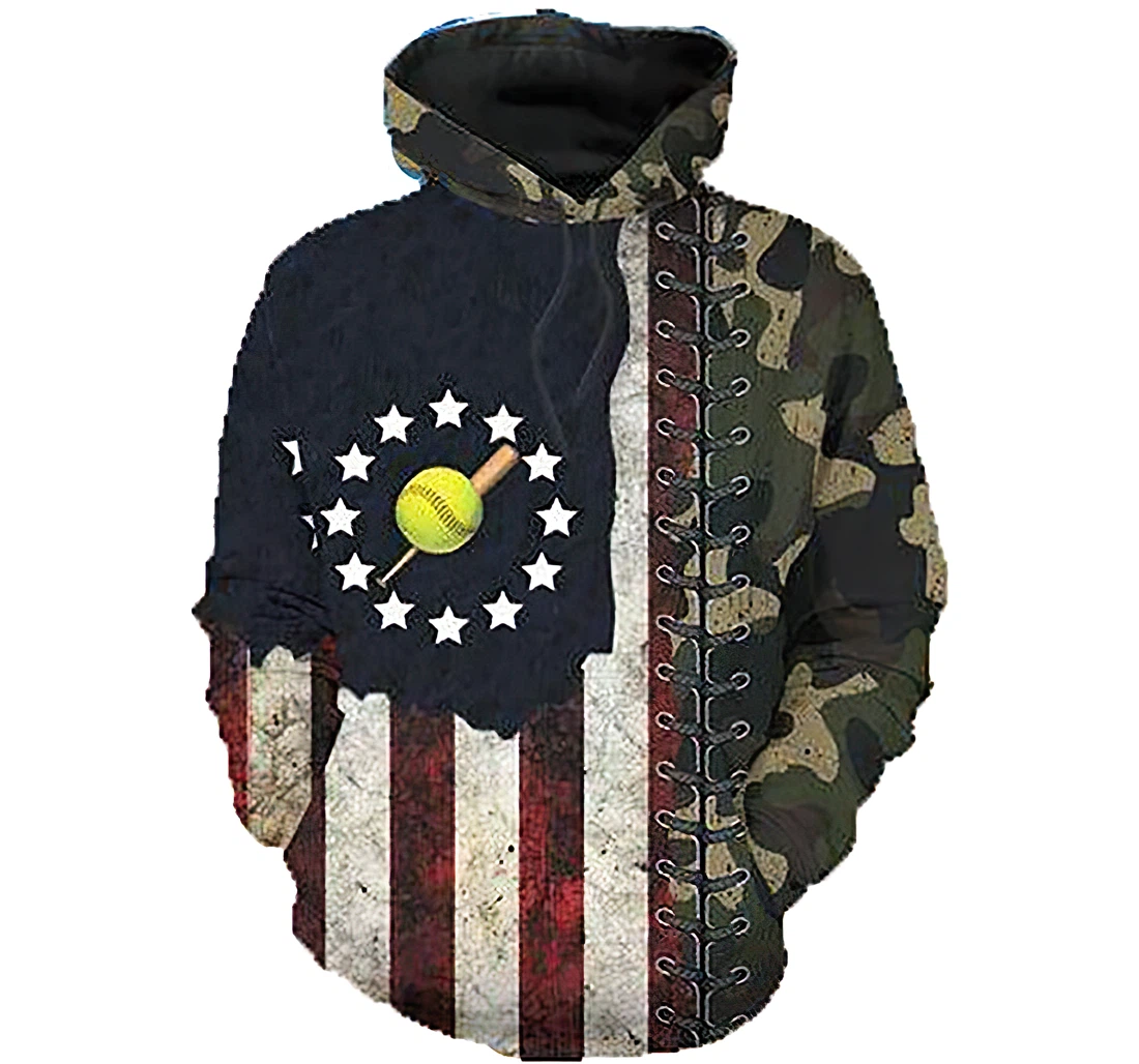 Personalized Softball Flag Camo Man And Woman - 3D Printed Pullover Hoodie
