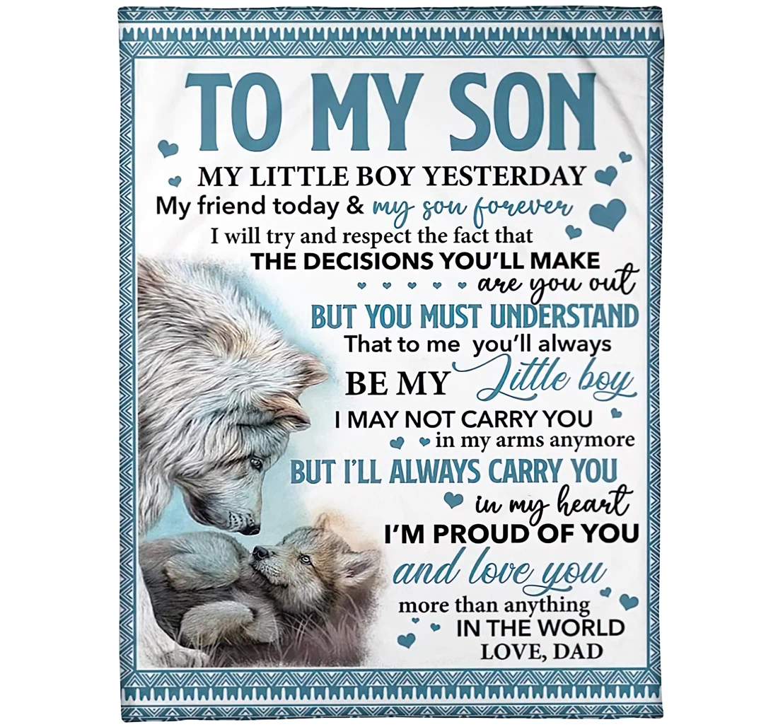 Throw Blanket, Quilt - Personalized Family To My Son From Mom Custom Name My Little Boy Yesterday Mother And Baby Wolf Are Playing Art Printed Bedding Gifts Xmas Sherpa Fleece