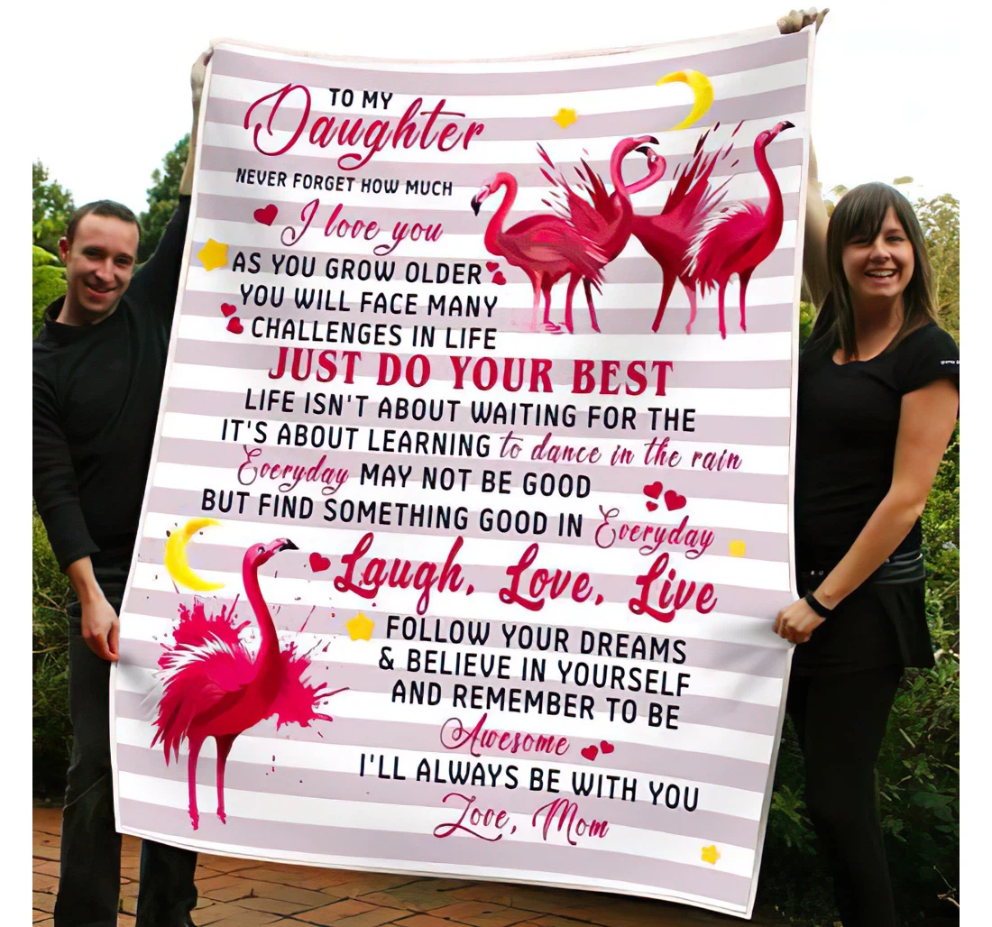 Throw Blanket, Quilt - Personalized Flamingo Family To My Daughter From Mom Custom Name Pink Flamingo Under The Moon Cute Design Gifts Beautiful Daughter Sherpa Fleece