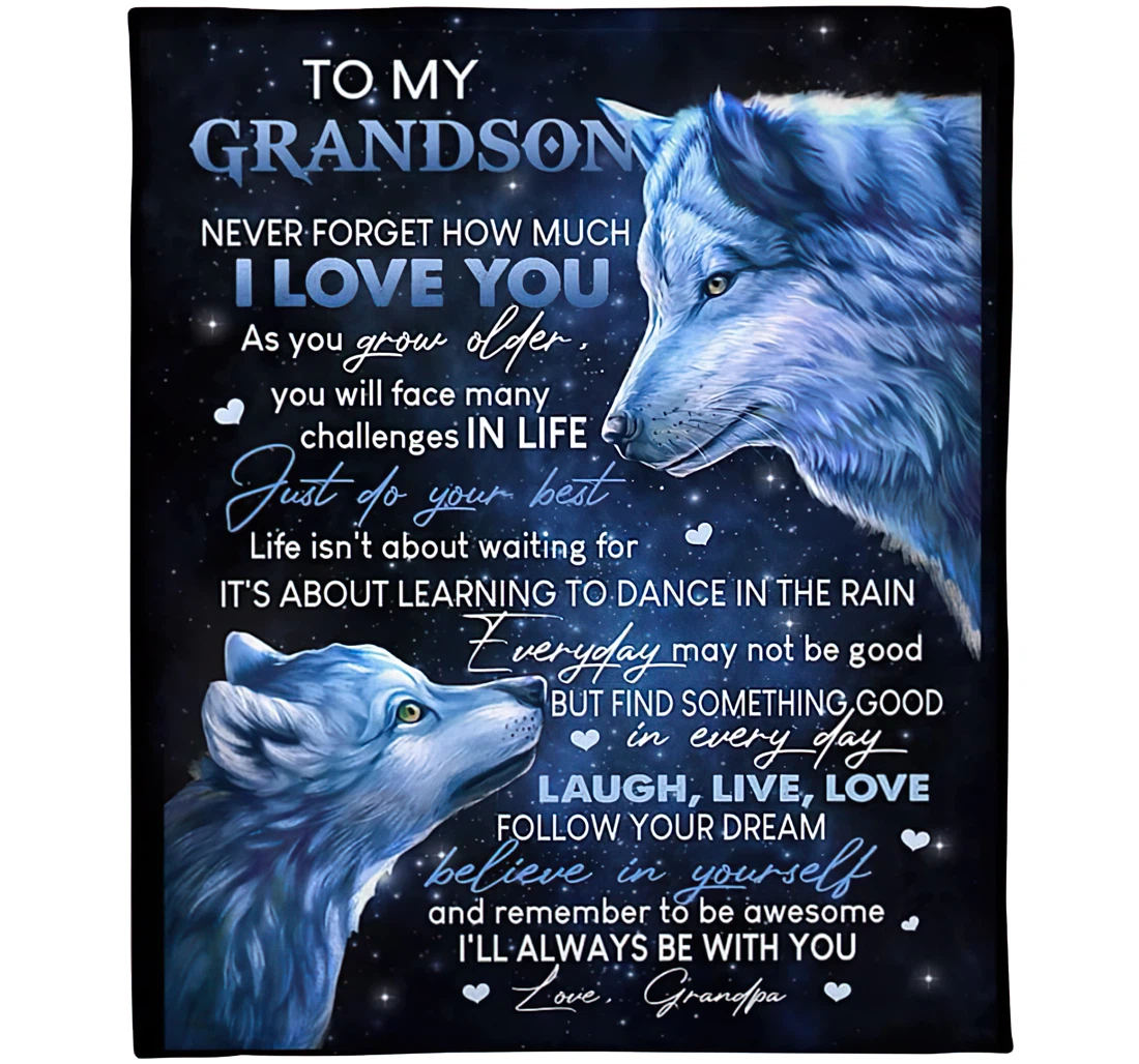 Throw Blanket, Quilt - Personalized Family To My Grandson From Grandpa Custom Name Grandfather And Grandkid Wolf In The Night Sky Art Printed Bedding Gifts Xmas Sherpa Fleece