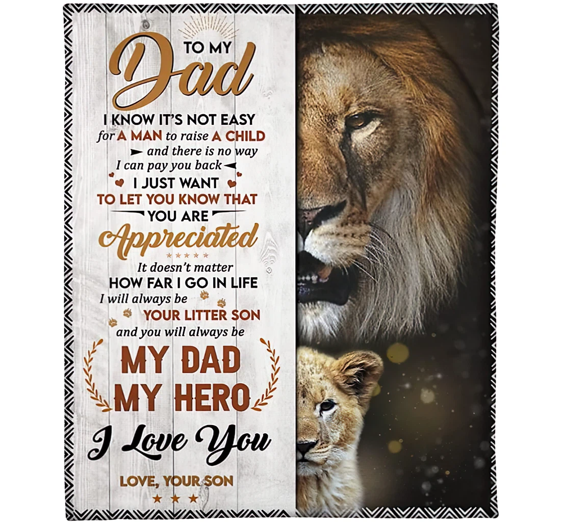 Throw Blanket, Quilt - Personalized To My Dad From Son Custom Name Strong Father And Baby Boy Crown Lion Face Half Wooden Background Bedding Gifts Sherpa Fleece