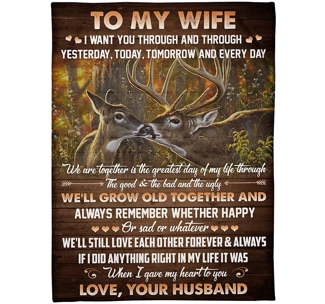 Throw Blanket, Quilt - Personalized Couple Love To My Wife From Husband Custom Name We'll Grow Old Together Happiness Deer Couple In The Forest Art Gifts Sherpa Fleece