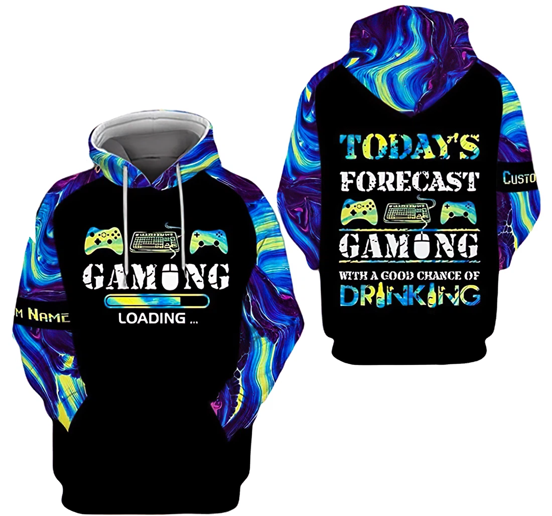 Personalized Name Gamer Today's Forecast Gaming With A Chance Of Drinking - 3D Printed Pullover Hoodie