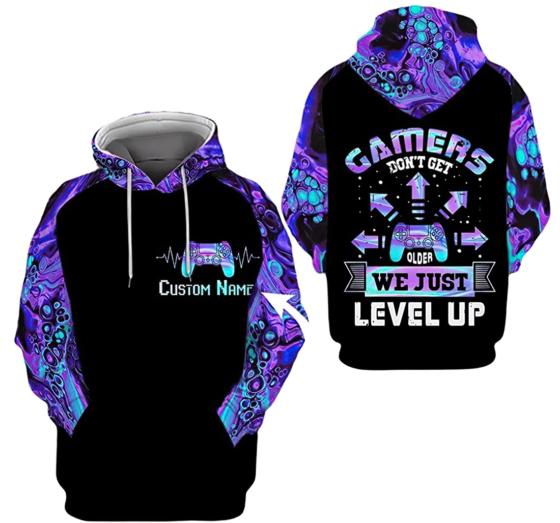 Personalized Name Purple Gamers Don't Get Older We Just Level Up - 3D Printed Pullover Hoodie