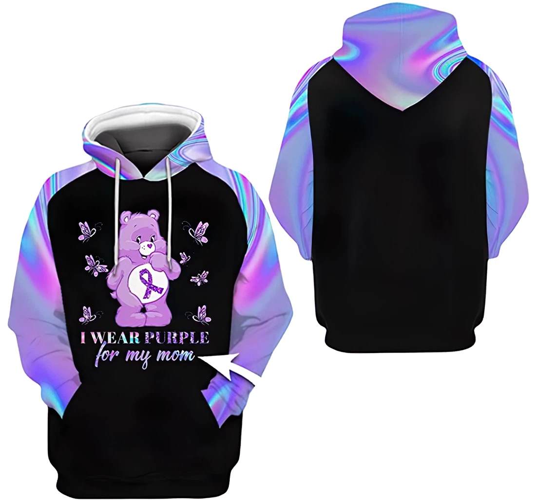 Personalized Name Purple Ribbon I Wear Purple My Mom Bear Purple Pattern Holographic Included - 3D Printed Pullover Hoodie