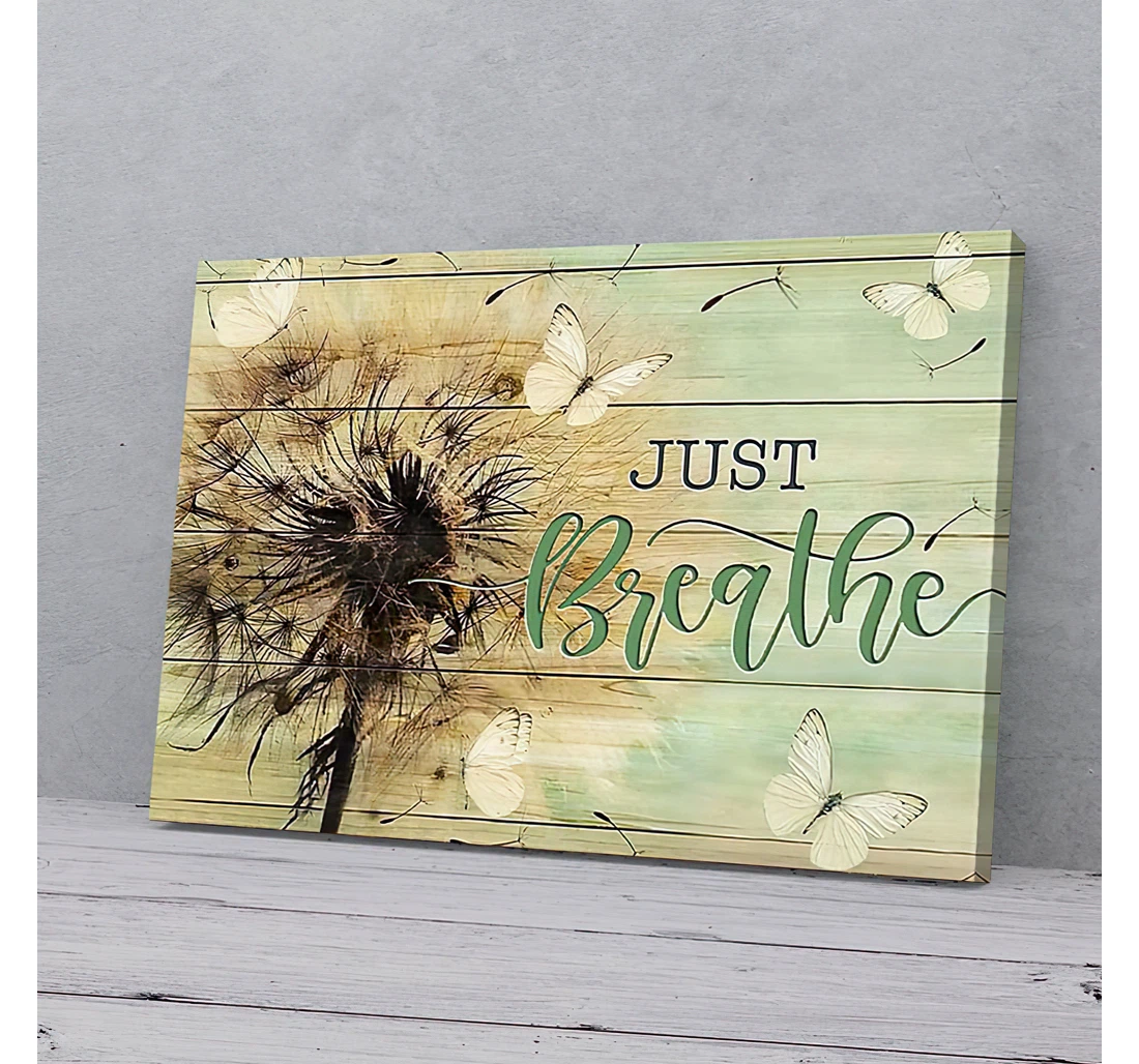 Poster, Canvas - Just Breathe Green And Yellowish Butterfly Dandelion Gifts Print Framed Wall Art