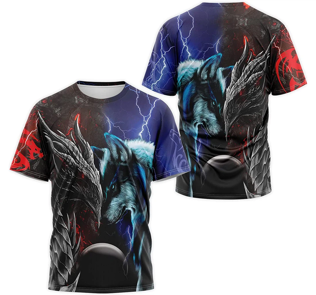 Personalized T-Shirt, Hoodie - Thunder Blue Wolf Fire Dragon 3D Printed