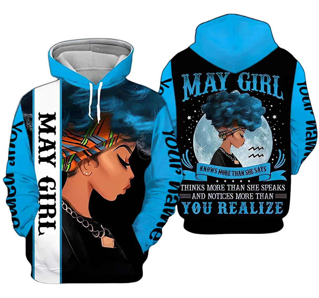 Personalized Name May Girl Thinks More Than She Speaks Notices More Than You Realize Blue - 3D Printed Pullover Hoodie