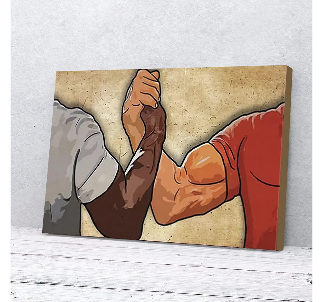 Poster, Canvas - Arm Wrestling Between Black Man And White Man Sport Gifts Print Framed Wall Art