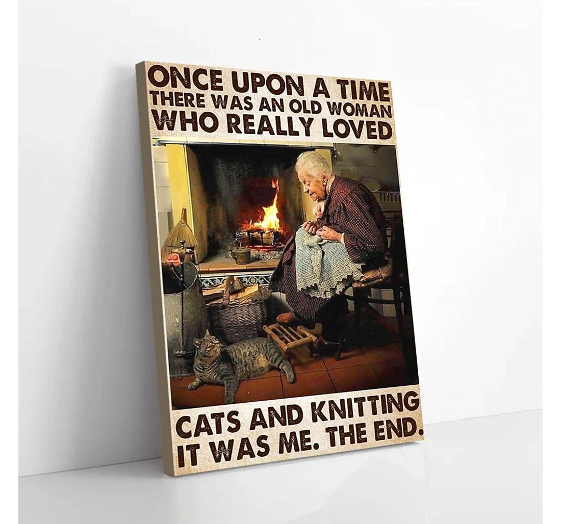 Poster, Canvas - There Was An Old Woman Loved Cats And Knitting Gifts Print Framed Wall Art