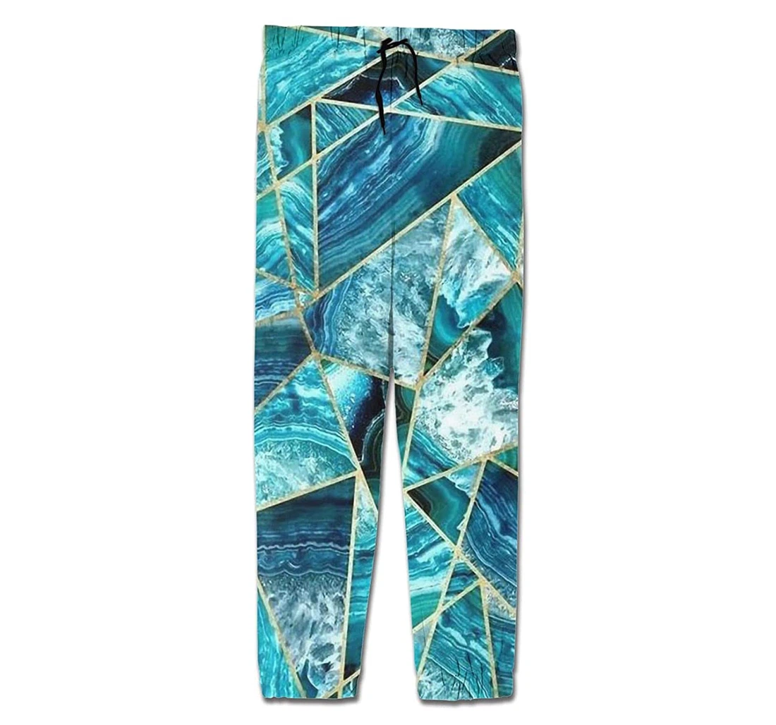 Personalized Graphic Turquoise Navy Blue Agate Geometric Triangles Sweatpants, Joggers Pants With Drawstring For Men, Women