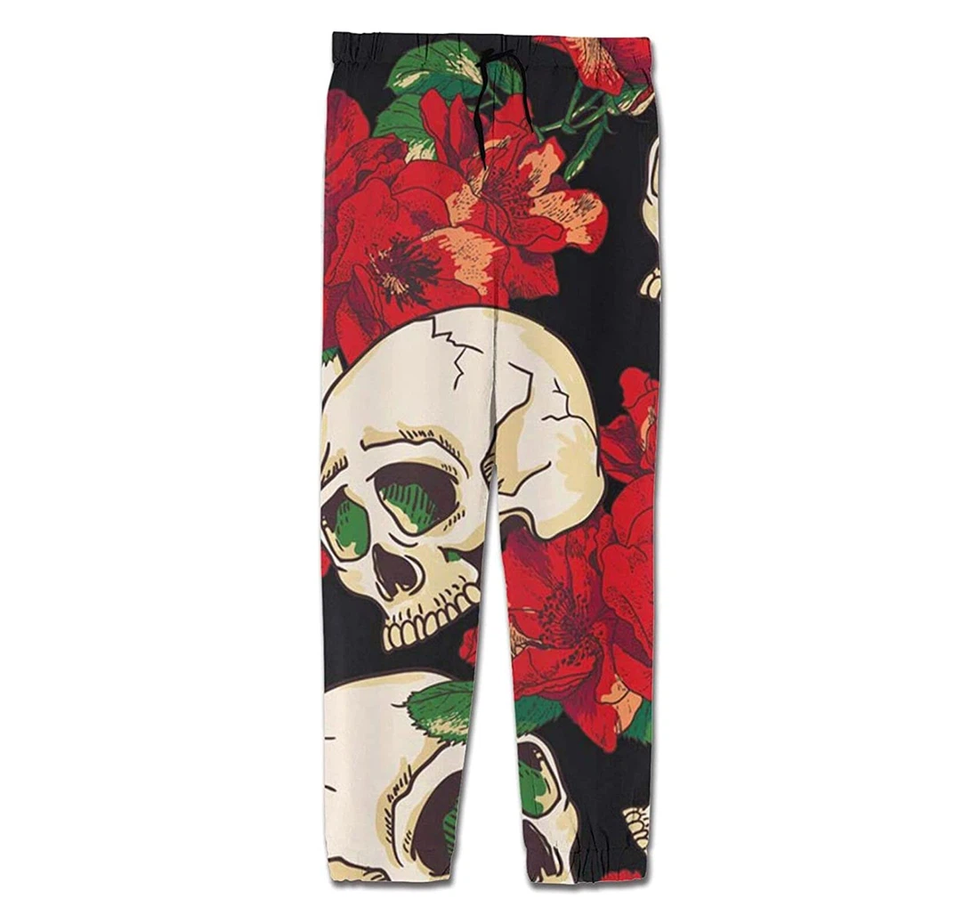 Personalized Casual Skull Red Flowers Horror Romantic Cool Sweatpants, Joggers Pants With Drawstring For Men, Women