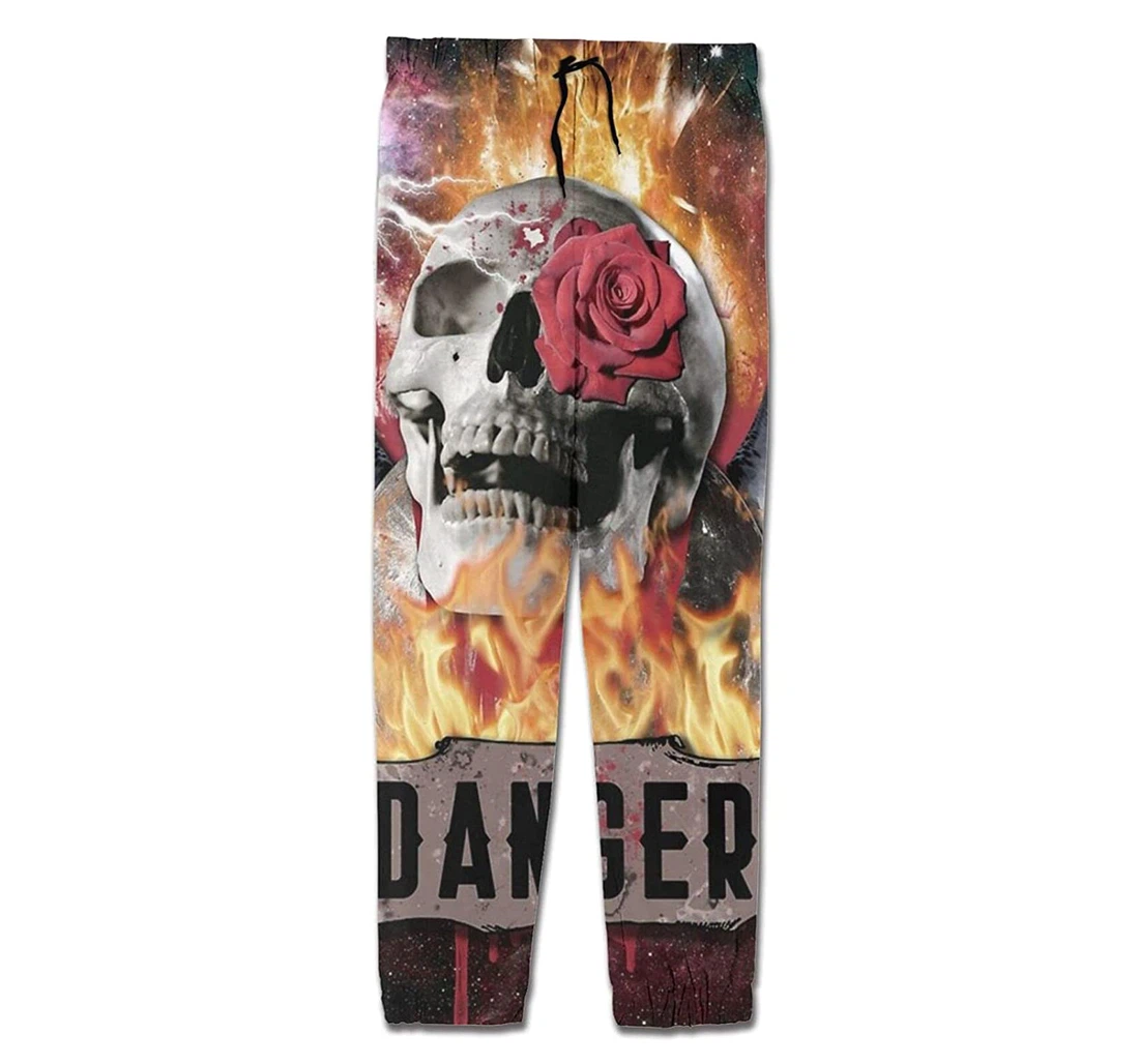 Personalized Casual Danger Skull Space Rose Thunder Fire Sweatpants, Joggers Pants With Drawstring For Men, Women