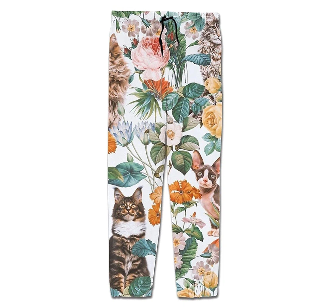 Personalized Graphic Cat And Floral Nature Flowers Sweatpants, Joggers Pants With Drawstring For Men, Women