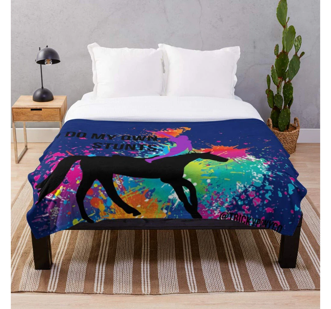 Throw Blanket, Quilt - Animals Rider Trick Riding Colourful Stunt Splash Horse I Animals- - Printed Bedding Blanket- Customize Sherpa Fleece