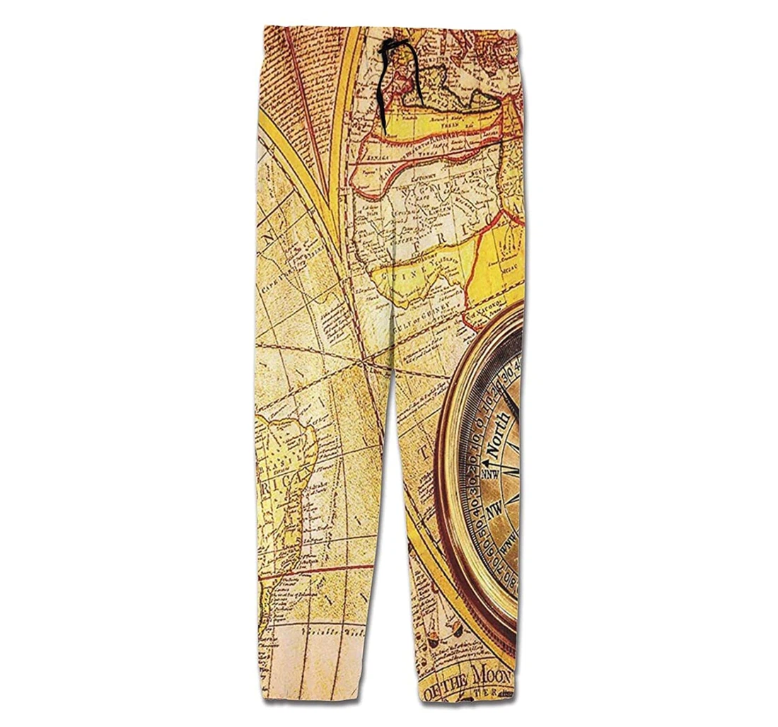 Personalized Antique Compass On Ancient World Map Sweatpants, Joggers Pants With Drawstring For Men, Women