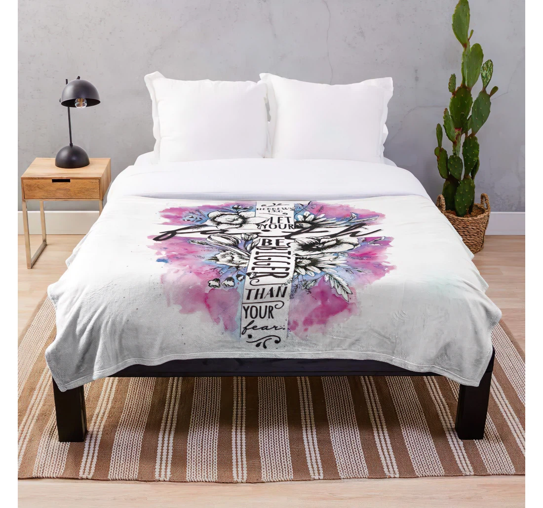 Throw Blanket, Quilt - Cross Watercolor Flowers Pink Verses Faith Christian Bible Inspirational Customize Sherpa Fleece