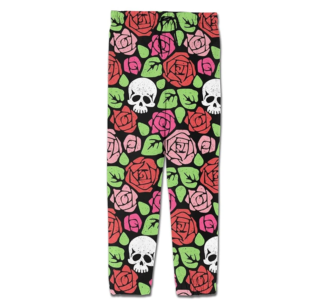 Personalized Graphic Rose & Skull Garden Sweatpants, Joggers Pants With Drawstring For Men, Women
