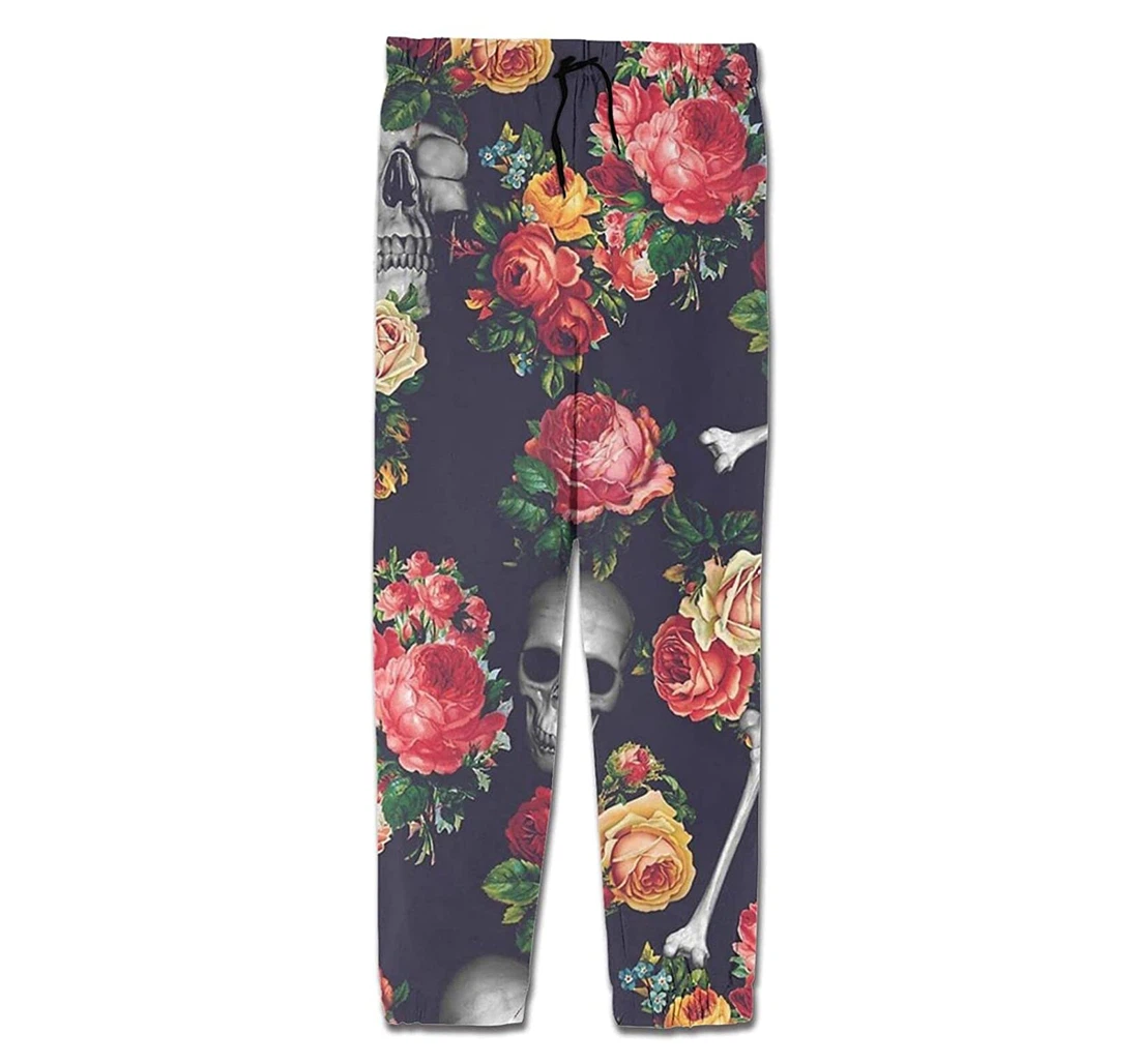 Personalized Skull Bones And Floral Pattern Sweatpants, Joggers Pants With Drawstring For Men, Women
