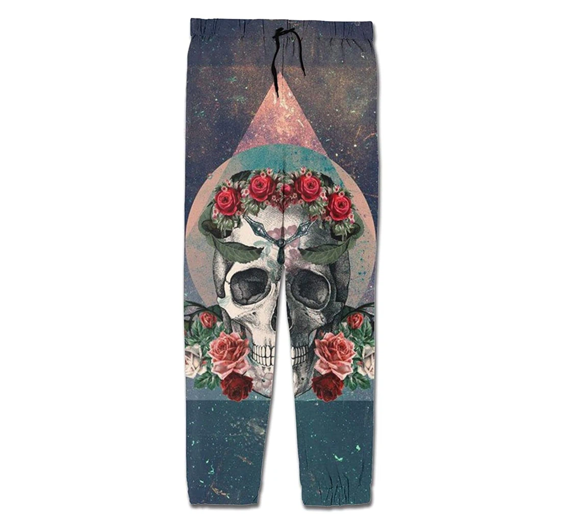 Personalized Graphic Mexican Rose Sugar Skull Sweatpants, Joggers Pants With Drawstring For Men, Women