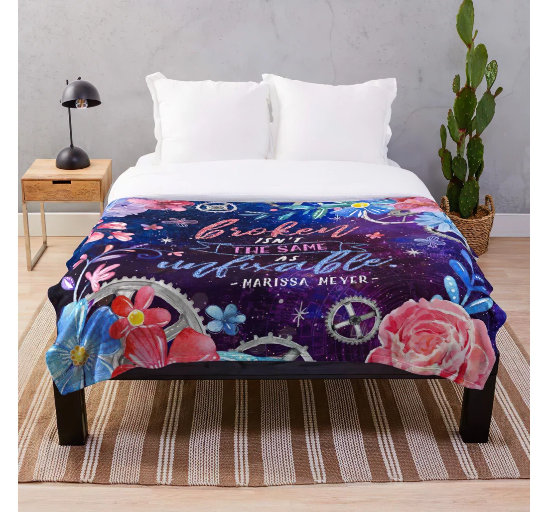 Throw Blanket, Quilt - Watercolor Night Dark Galaxy Sky Starry Floral Flowers Nebula Customize Sherpa Fleece