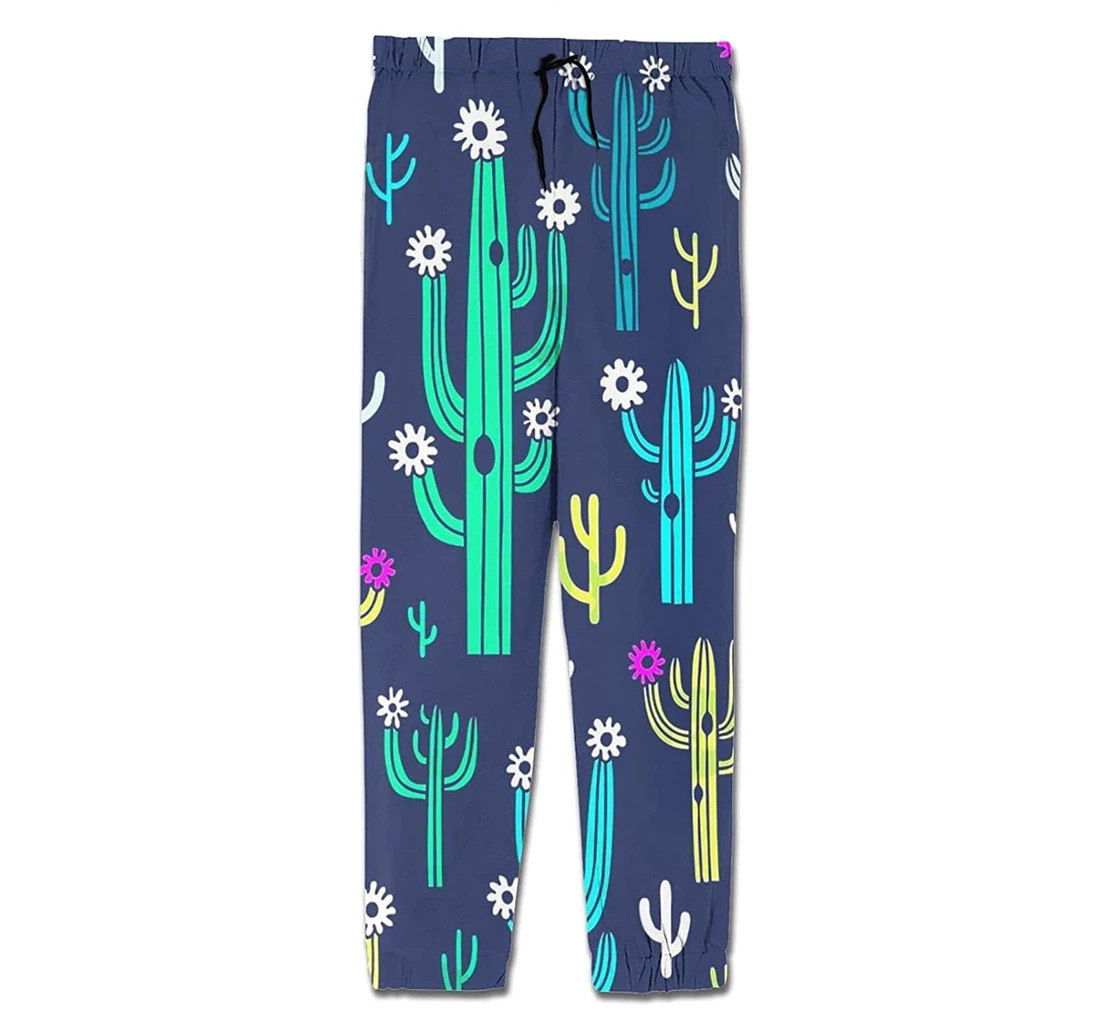 Personalized Graphic Cute Blooming Vector Cactuses Sweatpants, Joggers Pants With Drawstring For Men, Women