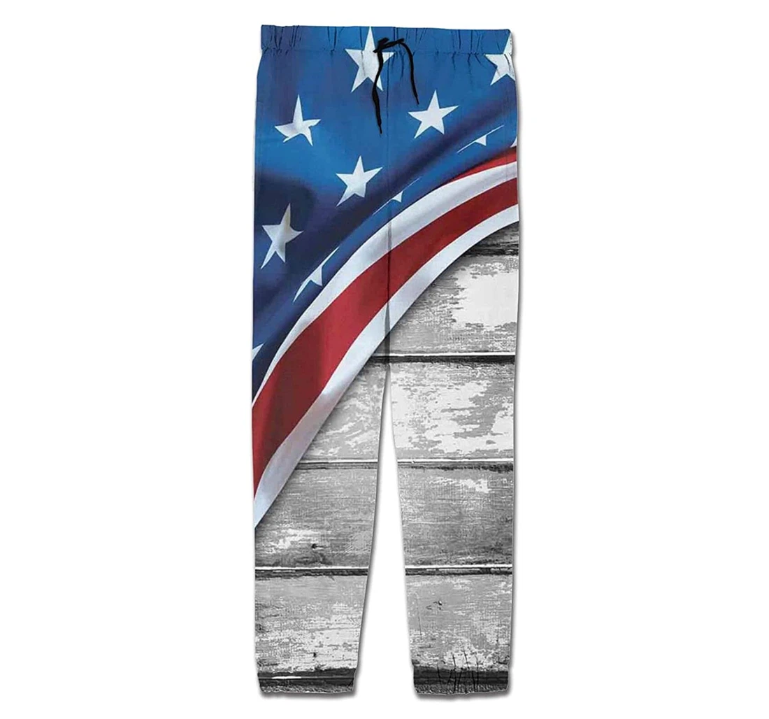 Personalized Graphic American Flag Antique Rustic Old Wooden Sweatpants, Joggers Pants With Drawstring For Men, Women