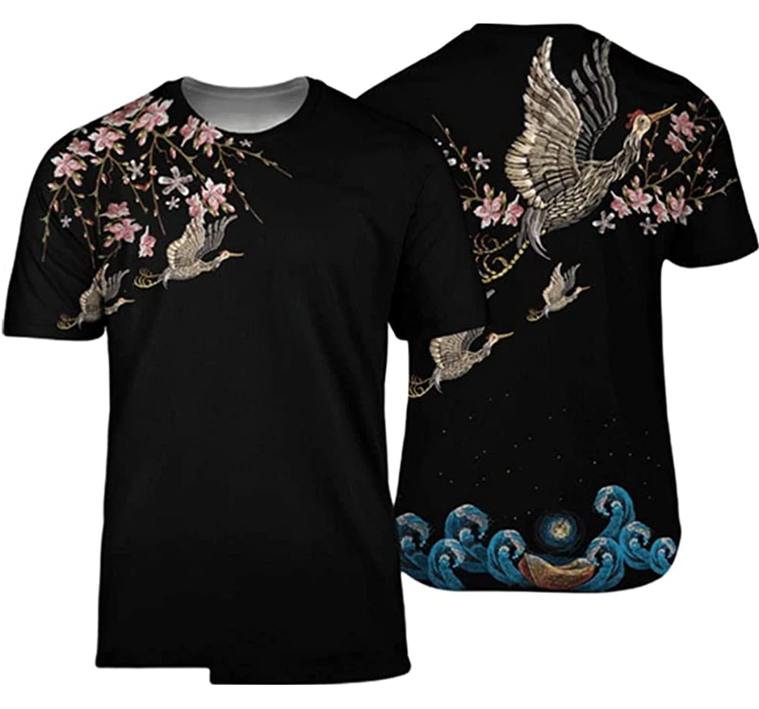 Japanese Sakura Kanagawa Crane Background Included - 3D Printed T-shirt