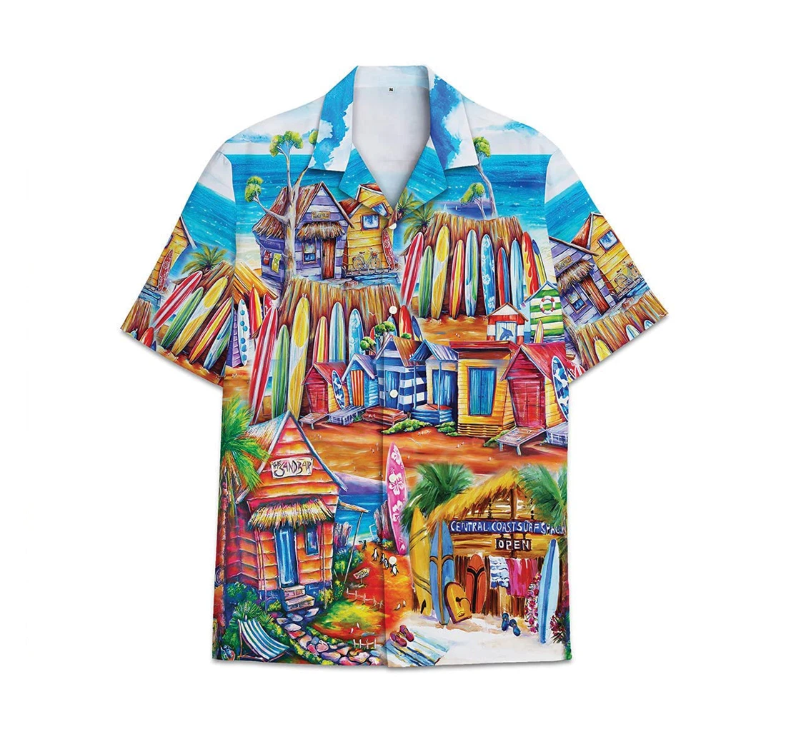 Personalized Beach Village Pattern Short Tall Womensmall Hawaiian Shirt, Button Up Aloha Shirt For Men, Women