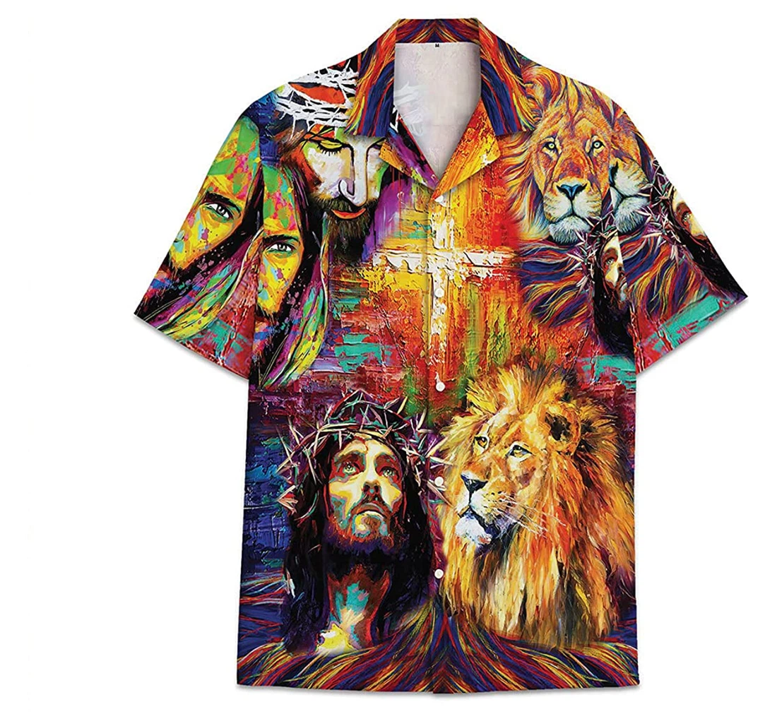 Religion Jesus Lion Pattern Short Tall Womensmall Hawaiian Shirt, Button Up Aloha Shirt For Men, Women