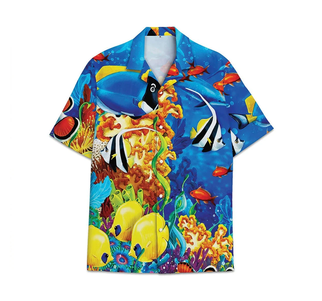Personalized Fish Ocean Pattern Short Tall Womensmall Hawaiian Shirt, Button Up Aloha Shirt For Men, Women