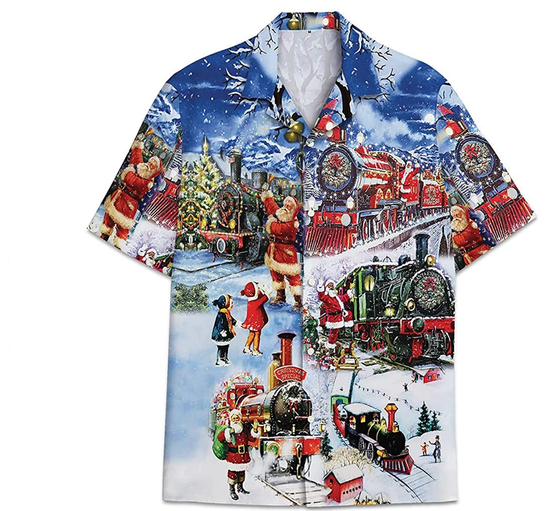 Personalized Christmas Santa Claus Train Pattern Short Tall Hawaiian Shirt, Button Up Aloha Shirt For Men, Women
