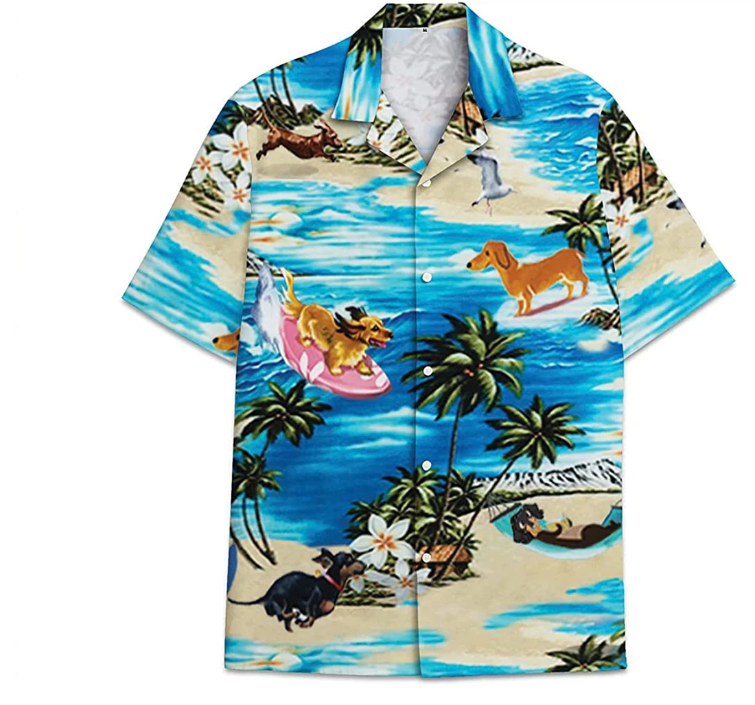 Dog Dachshund Beach Pattern Short Tall Hawaiian Shirt, Button Up Aloha Shirt For Men, Women