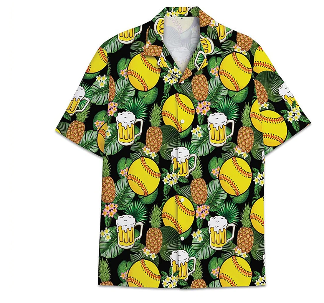 Baseball Pineapple Beer Pattern Short Tall Hawaiian Shirt, Button Up Aloha Shirt For Men, Women