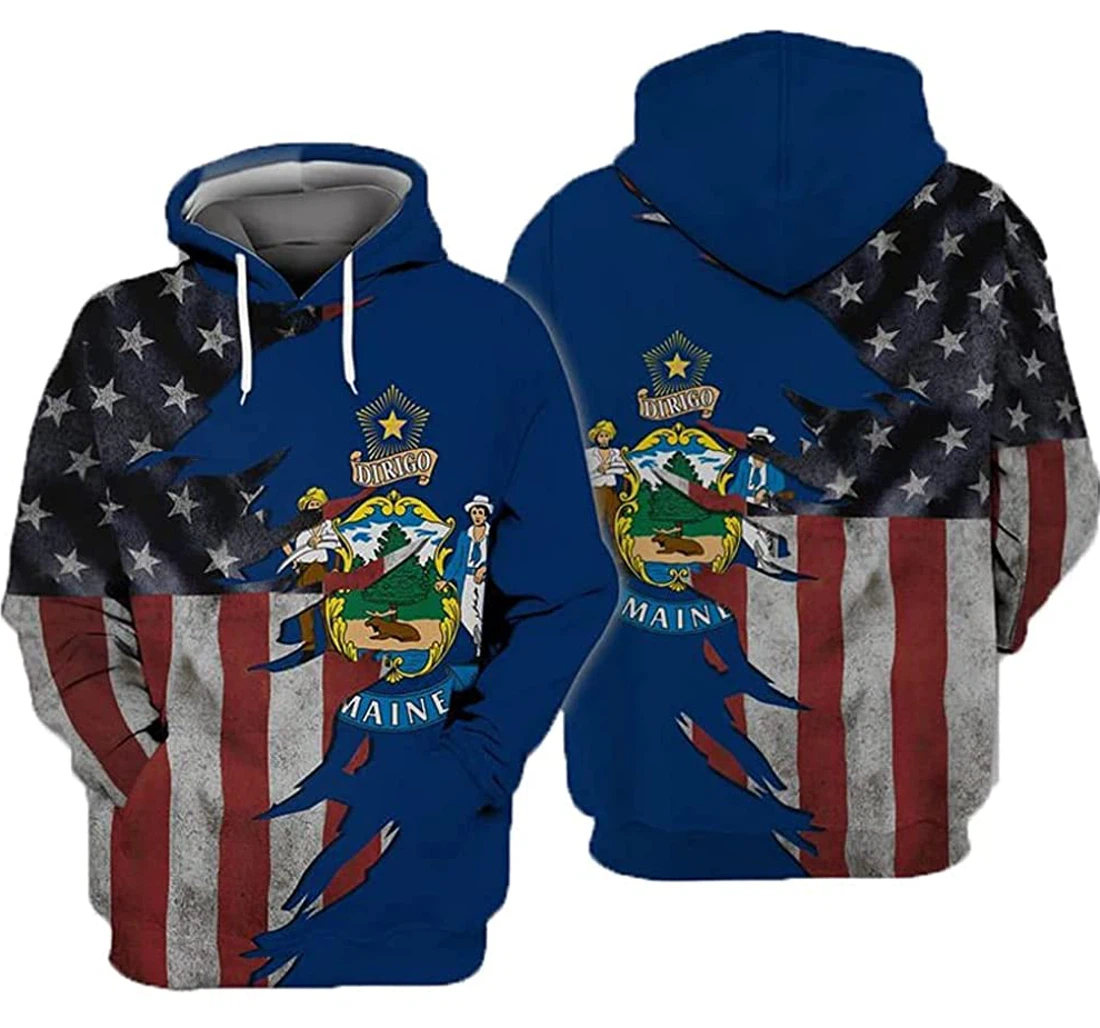 Personalized Maine Country Us Flag Lightweight Premium Sportwear Up - 3D Printed Pullover Hoodie