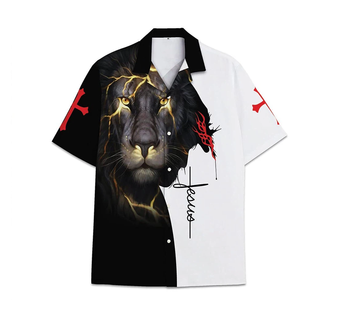 Personalized Lion Jesus Pattern Short Tall Womensmall Hawaiian Shirt, Button Up Aloha Shirt For Men, Women
