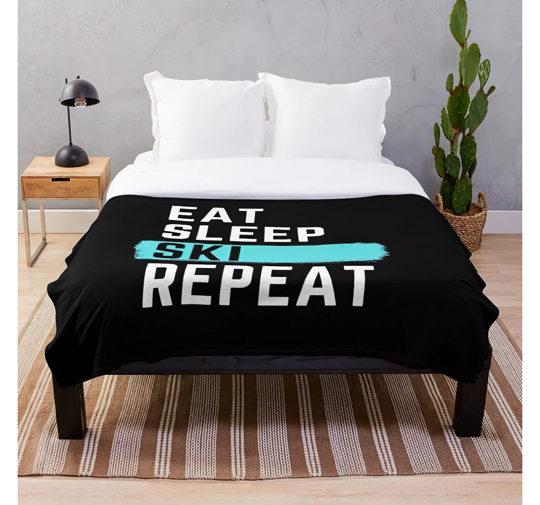 Throw Blanket, Quilt - Sleep Eat Repeat Ski Customize Sherpa Fleece