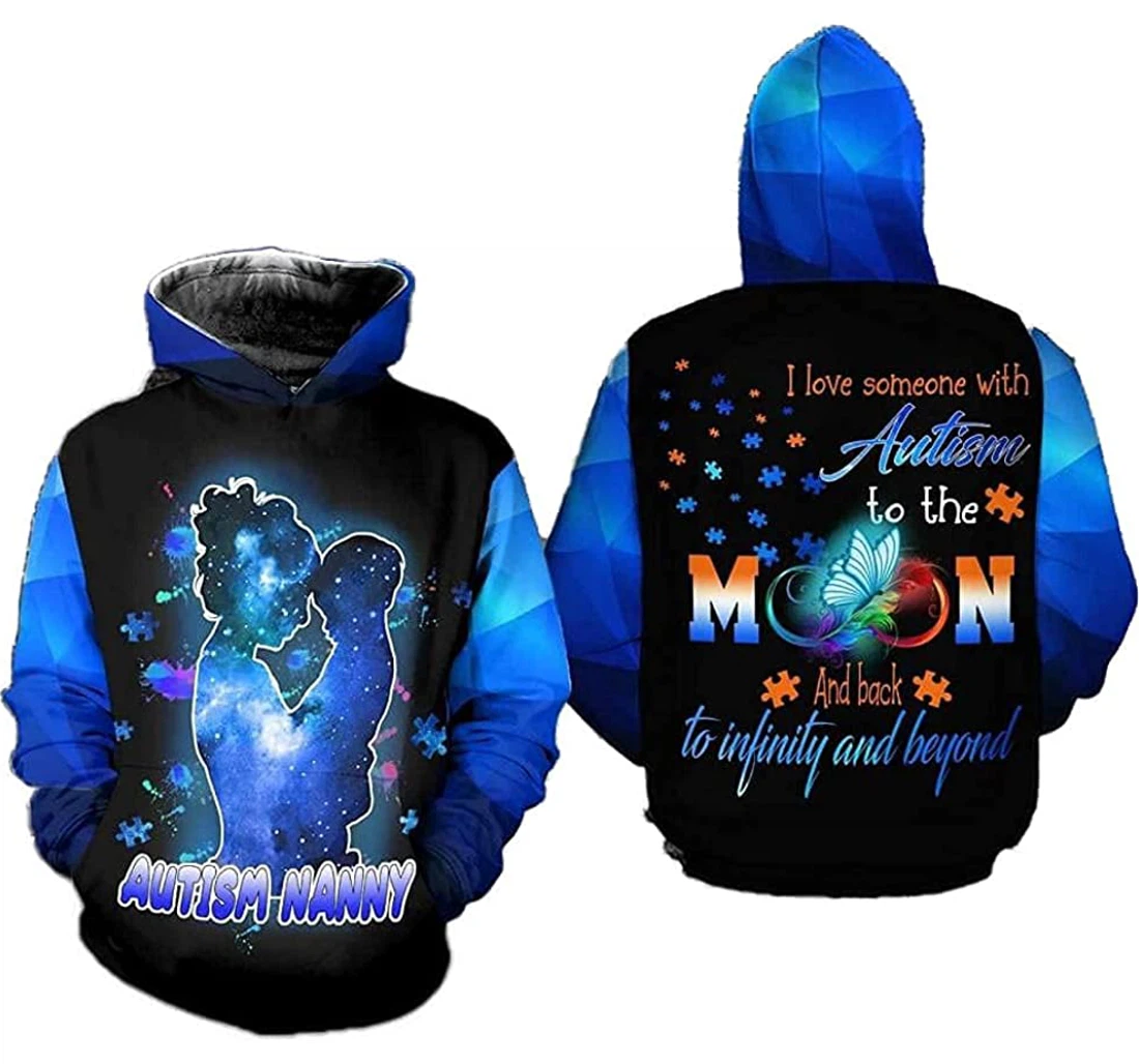 Personalized Autism Nanny Blue Galaxy Moon Lightweight Premium Sportwear Up - 3D Printed Pullover Hoodie