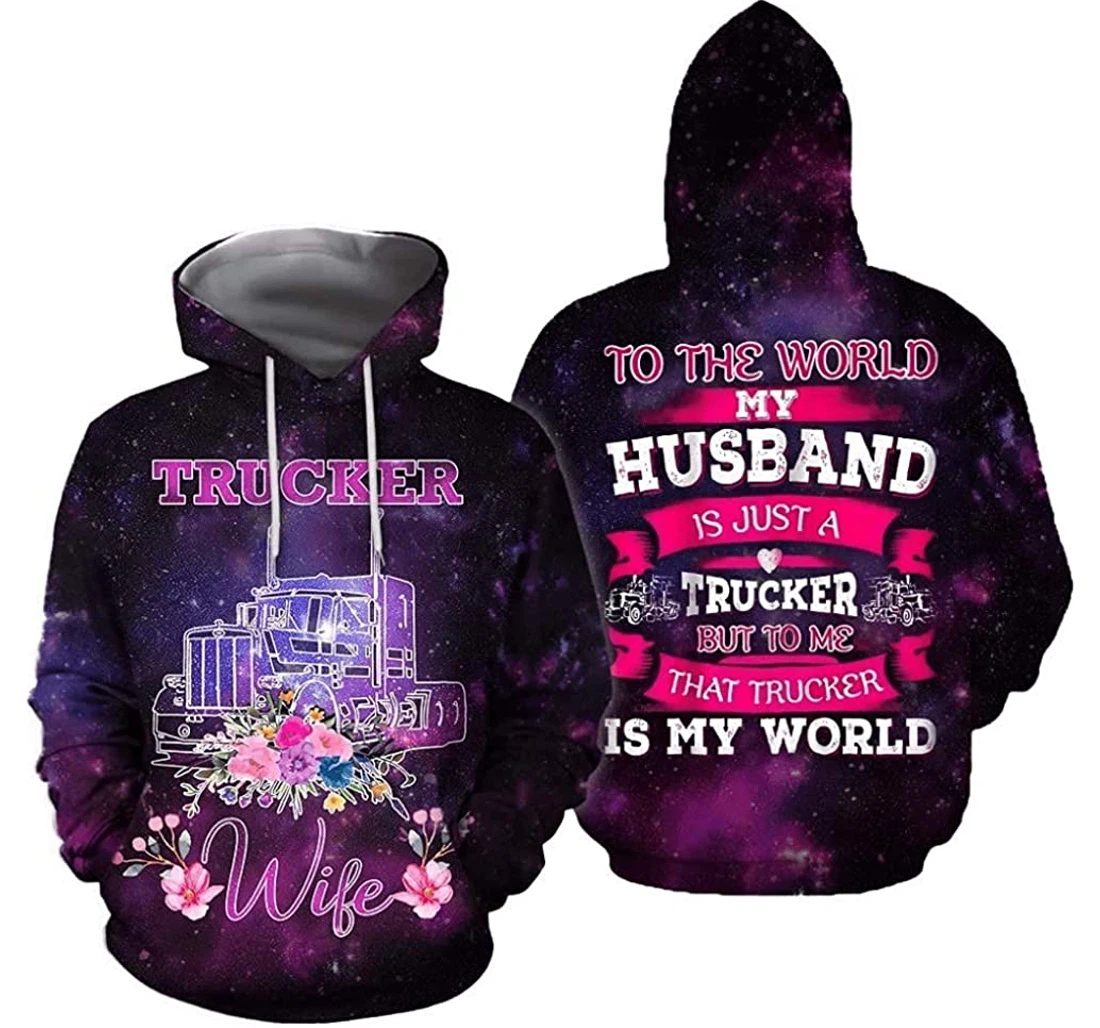 Personalized Trucker Wife Is My World Purple Galaxy Lightweight Premium Sportwear Up - 3D Printed Pullover Hoodie