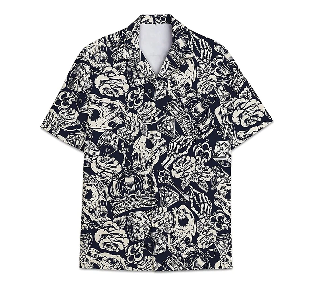 Personalized Skull Dice Crown Button Short Tall Hawaiian Shirt, Button Up Aloha Shirt For Men, Women