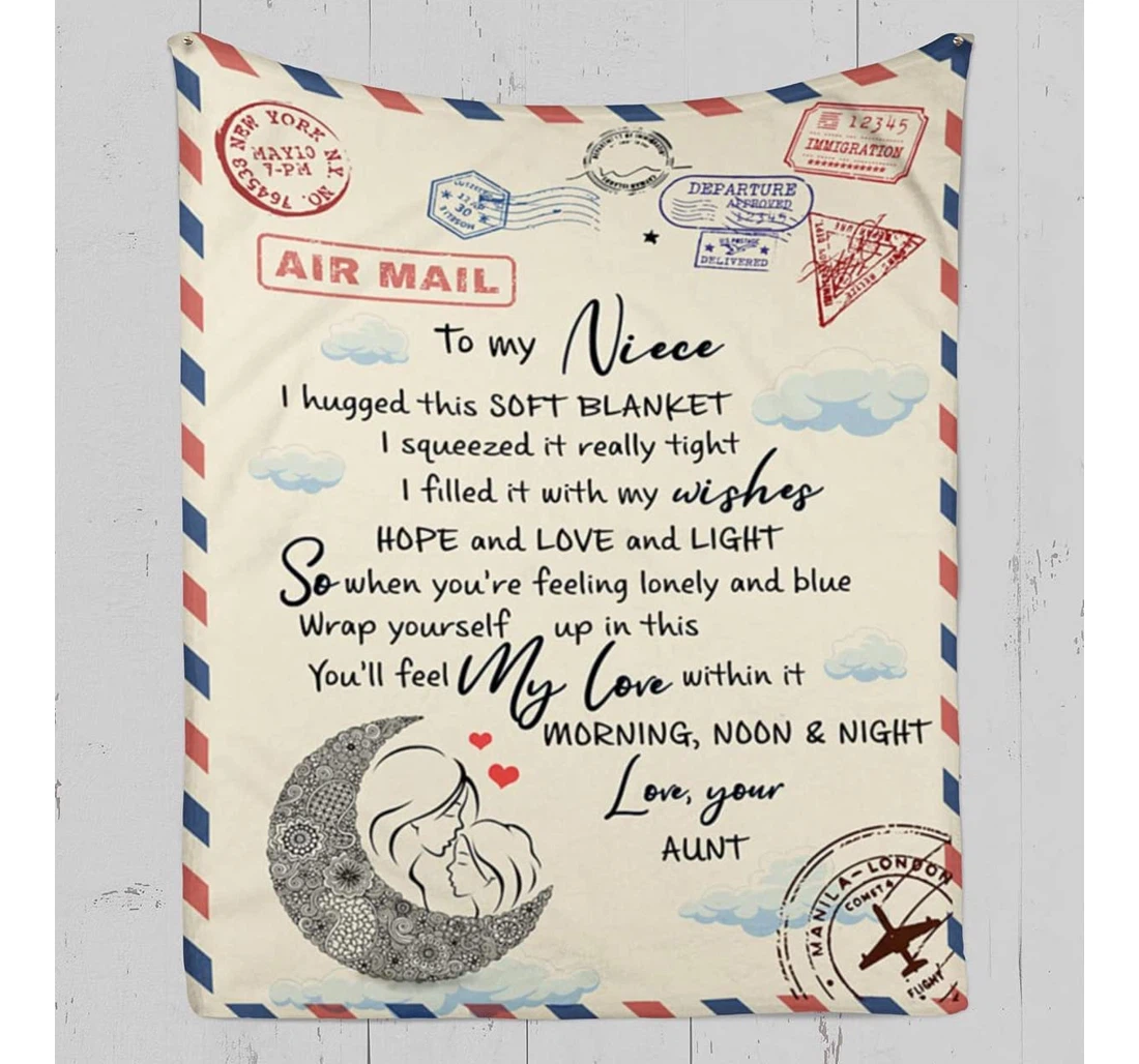 Throw Blanket, Quilt - Personalized To My Lovely Niece Love Letter From Aunt Auntie Customized Cute Stamp Moon Plane Airmail Gifts Niece Xmas Sherpa Fleece