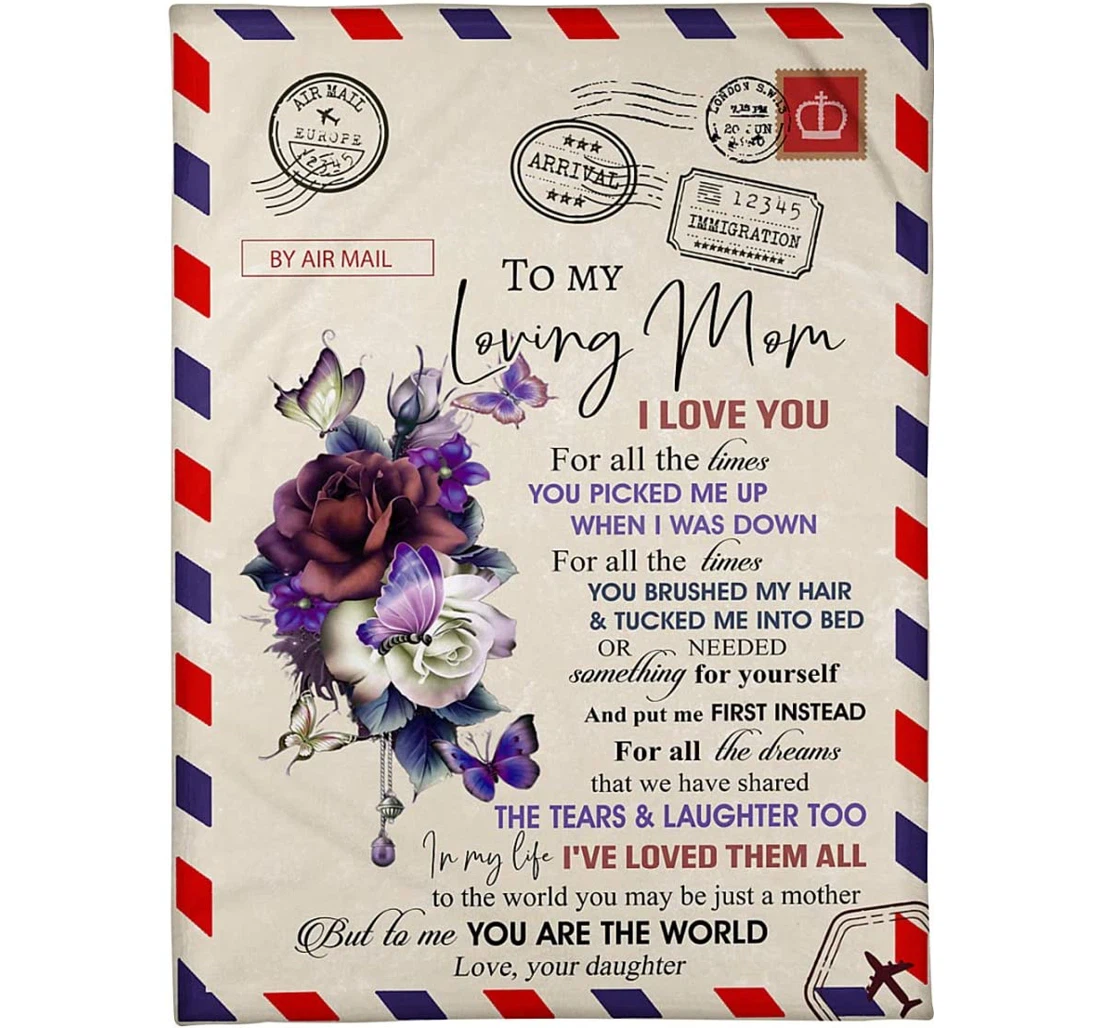 Throw Blanket, Quilt - Personalized To My Loving Mom Letter Love From Daughter Print Violet Rose Butterfly Airmail Gifts Customized Sherpa Fleece