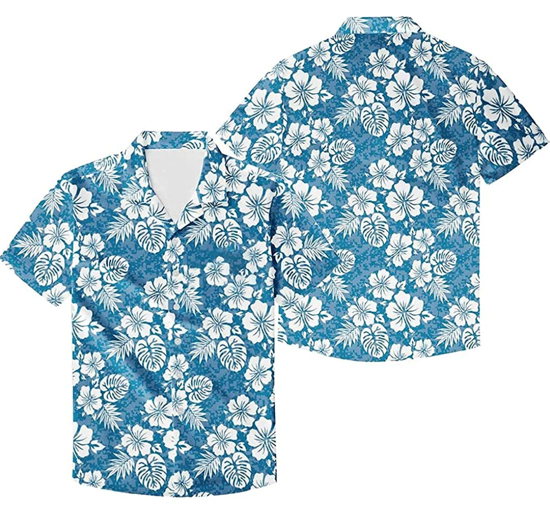 Personalized Hibiscus Flower Blue Cotton Pocket Summer Holiday Vacation Hawaiian Shirt, Button Up Aloha Shirt For Men, Women