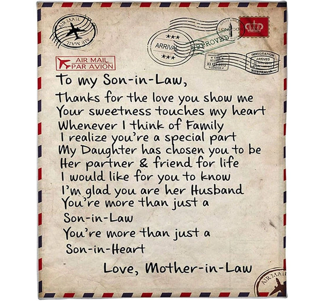 Throw Blanket, Quilt - Personalized To My Dear Son In Law Letter From Mother In Law Print Cute Airmail Gifts Customized Wedding Sherpa Fleece