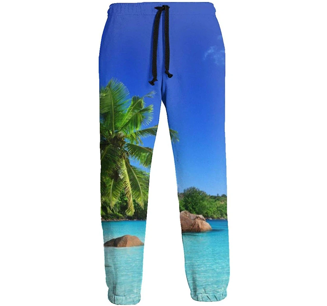 Personalized Paradise Beach Sea Palm Trees Graphric Casual Sweatpants, Joggers Pants With Drawstring For Men, Women
