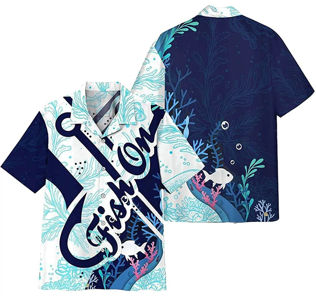 Personalized Fish On Hook Blue Cotton Pocket Summer Holiday Vacation Hawaiian Shirt, Button Up Aloha Shirt For Men, Women