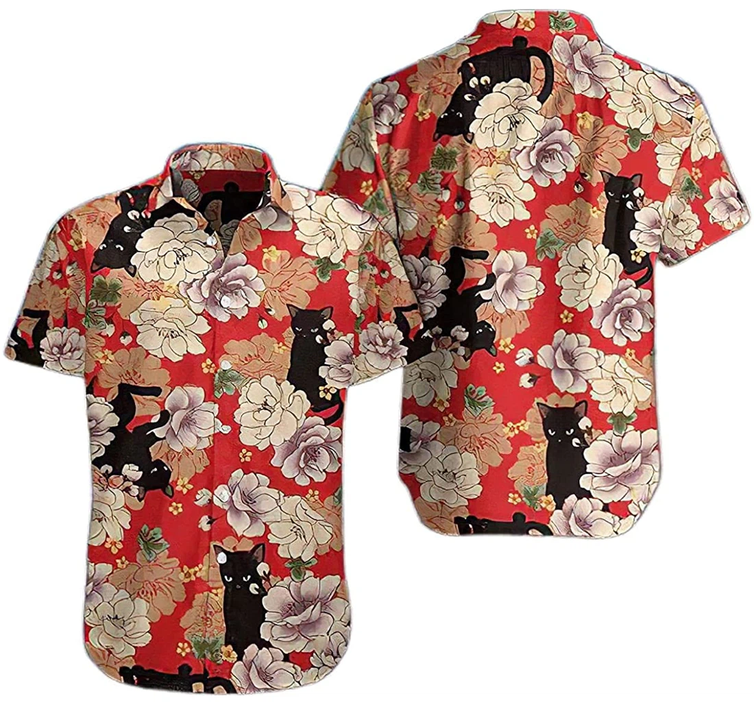 Personalized Black Cat Flowers Red Cotton Pocket Summer Holiday Vacation Hawaiian Shirt, Button Up Aloha Shirt For Men, Women
