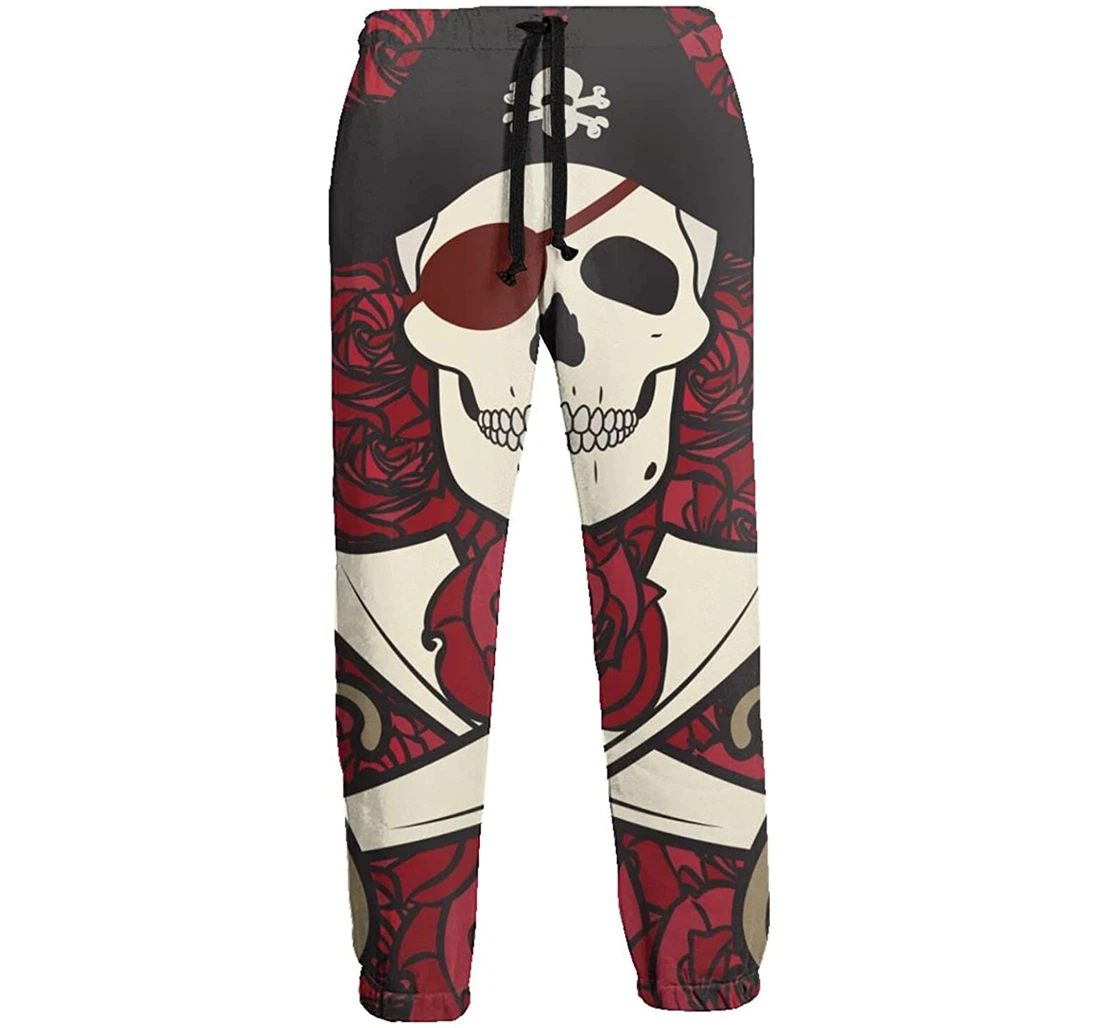 Personalized Skull Pirates On Rose Graphric Casual Sweatpants, Joggers Pants With Drawstring For Men, Women